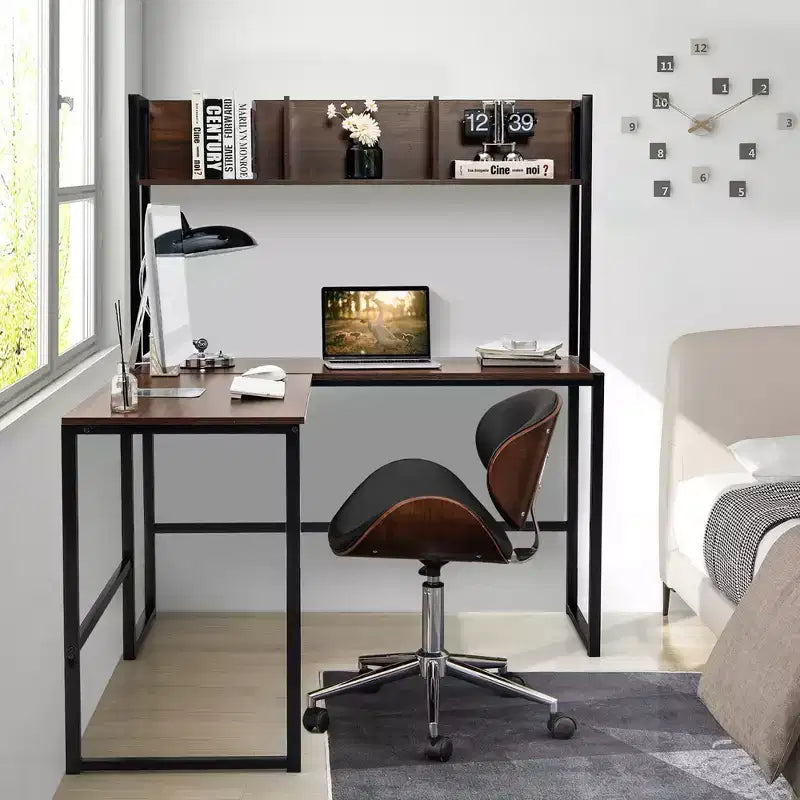 Scrivania angolare a L da 55'' con credenza, Teak/Noce, 2 persone