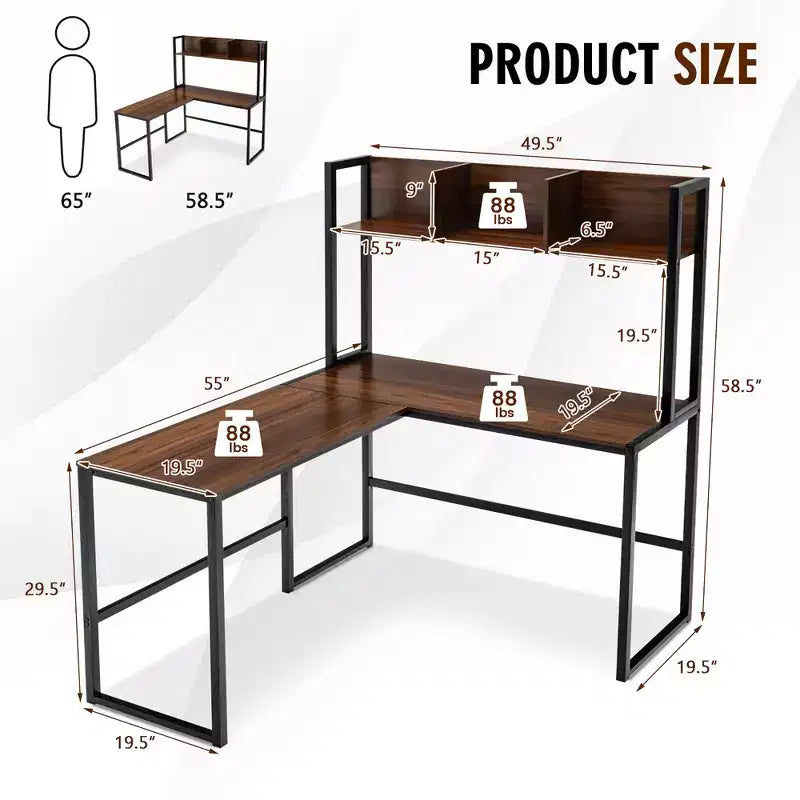 Scrivania angolare a L da 55'' con credenza, Teak/Noce, 2 persone