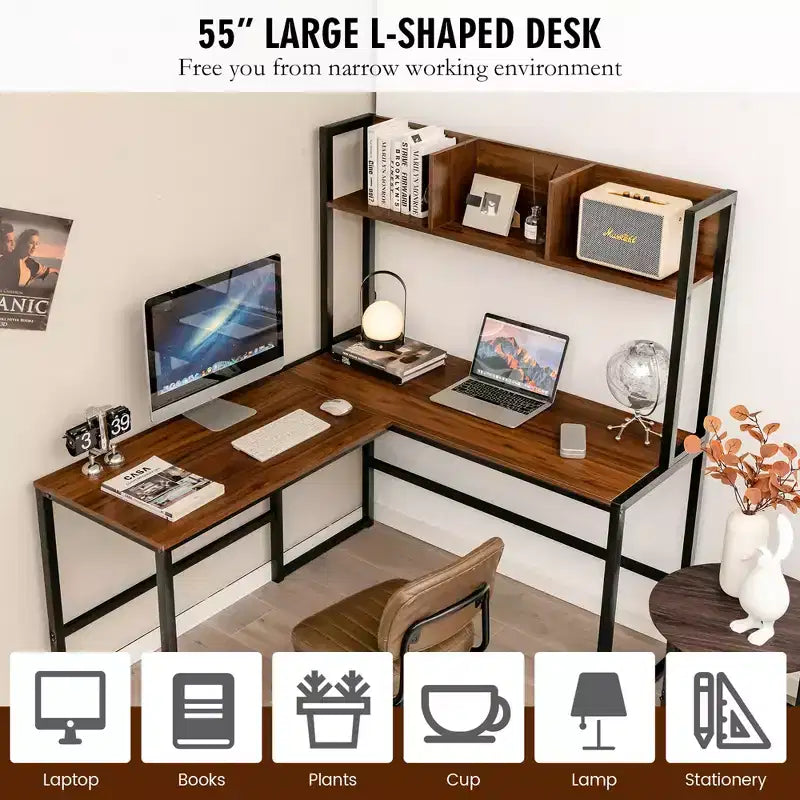 Scrivania angolare a L da 55'' con credenza, Teak/Noce, 2 persone