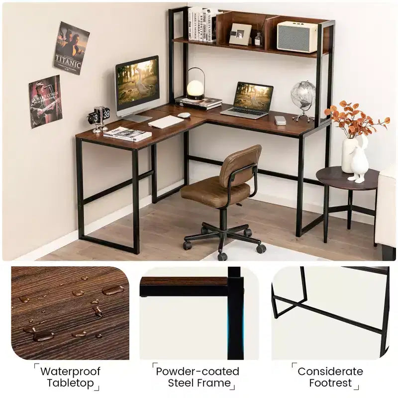 Scrivania angolare a L da 55'' con credenza, Teak/Noce, 2 persone