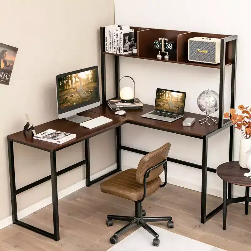 Scrivania angolare a L da 55'' con credenza, Teak/Noce, 2 persone