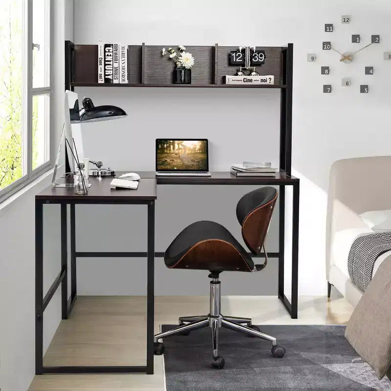 Scrivania angolare a L da 55'' con credenza, Teak/Noce, 2 persone