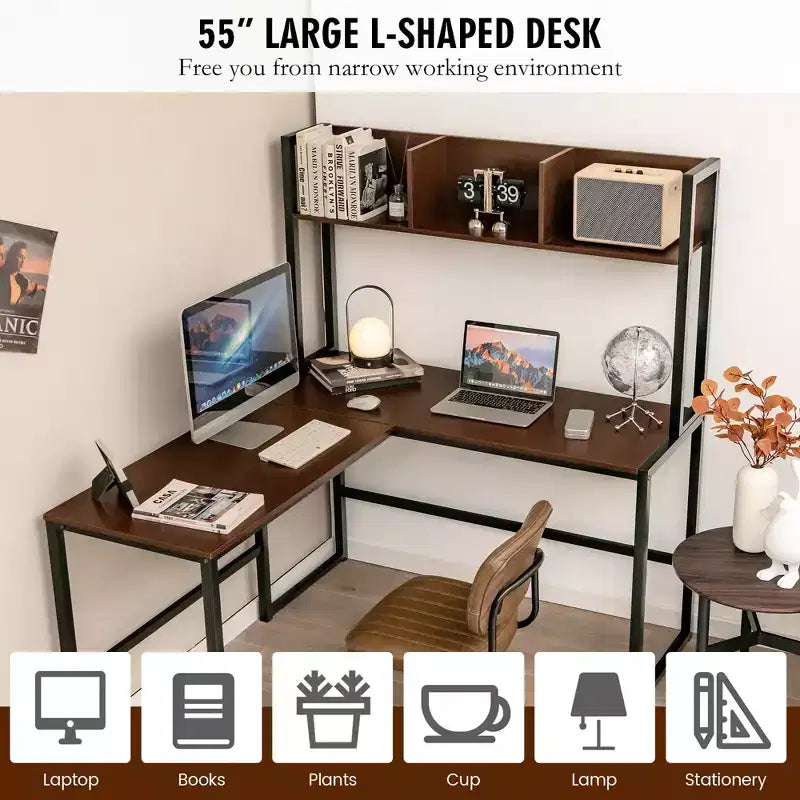 Scrivania angolare a L da 55'' con credenza, Teak/Noce, 2 persone