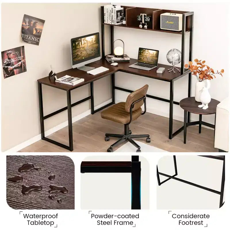 Scrivania angolare a L da 55'' con credenza, Teak/Noce, 2 persone