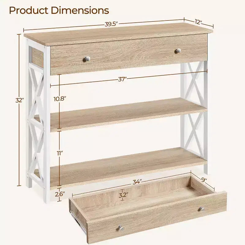 Tavolo Consolle Industriale in Legno Grigio / Rovere Chiaro / Marrone Rustico / Tortora con Cassetto e 2 Ripiani, Montaggio da 1 Persona