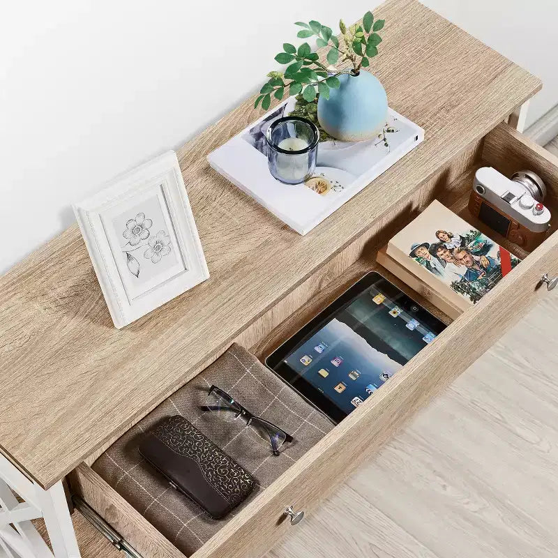Tavolo Consolle Industriale in Legno Grigio / Rovere Chiaro / Marrone Rustico / Tortora con Cassetto e 2 Ripiani, Montaggio da 1 Persona