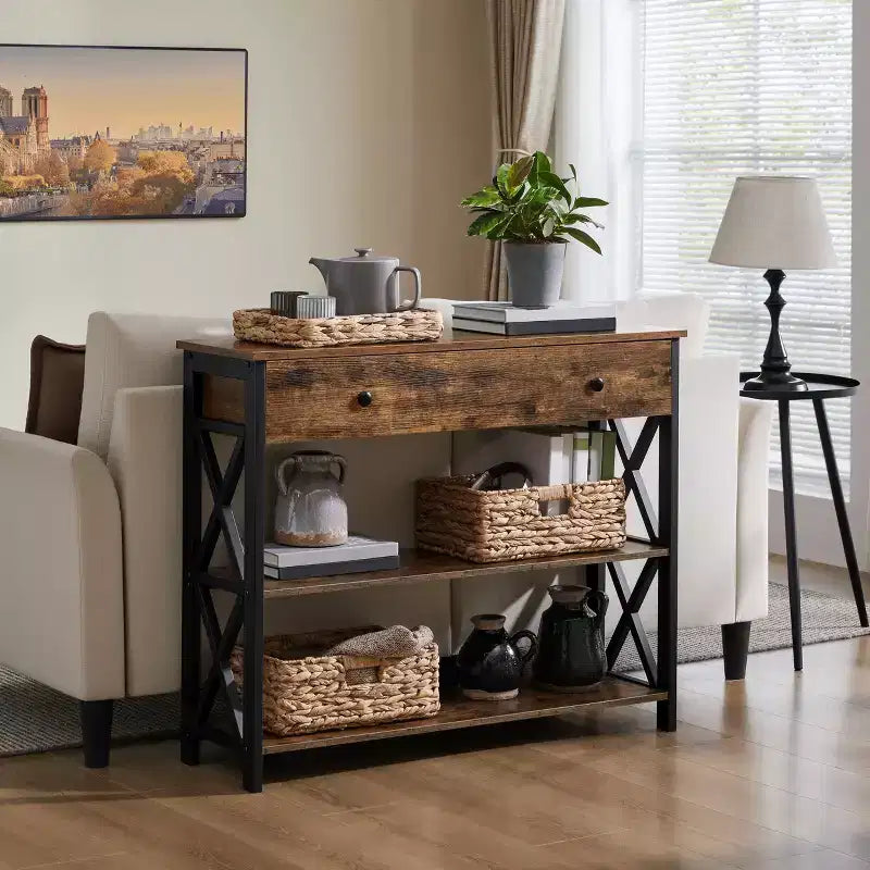 Tavolo Consolle Industriale in Legno Grigio / Rovere Chiaro / Marrone Rustico / Tortora con Cassetto e 2 Ripiani, Montaggio da 1 Persona
