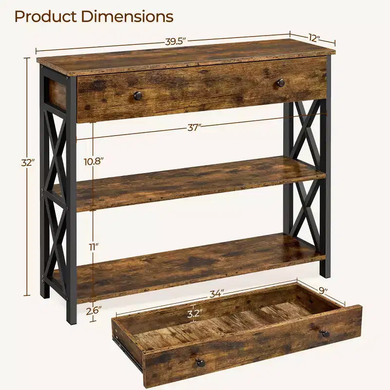Tavolo Consolle Industriale in Legno Grigio / Rovere Chiaro / Marrone Rustico / Tortora con Cassetto e 2 Ripiani, Montaggio da 1 Persona