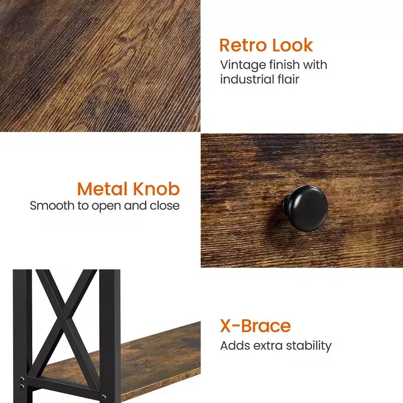 Tavolo Consolle Industriale in Legno Grigio / Rovere Chiaro / Marrone Rustico / Tortora con Cassetto e 2 Ripiani, Montaggio da 1 Persona