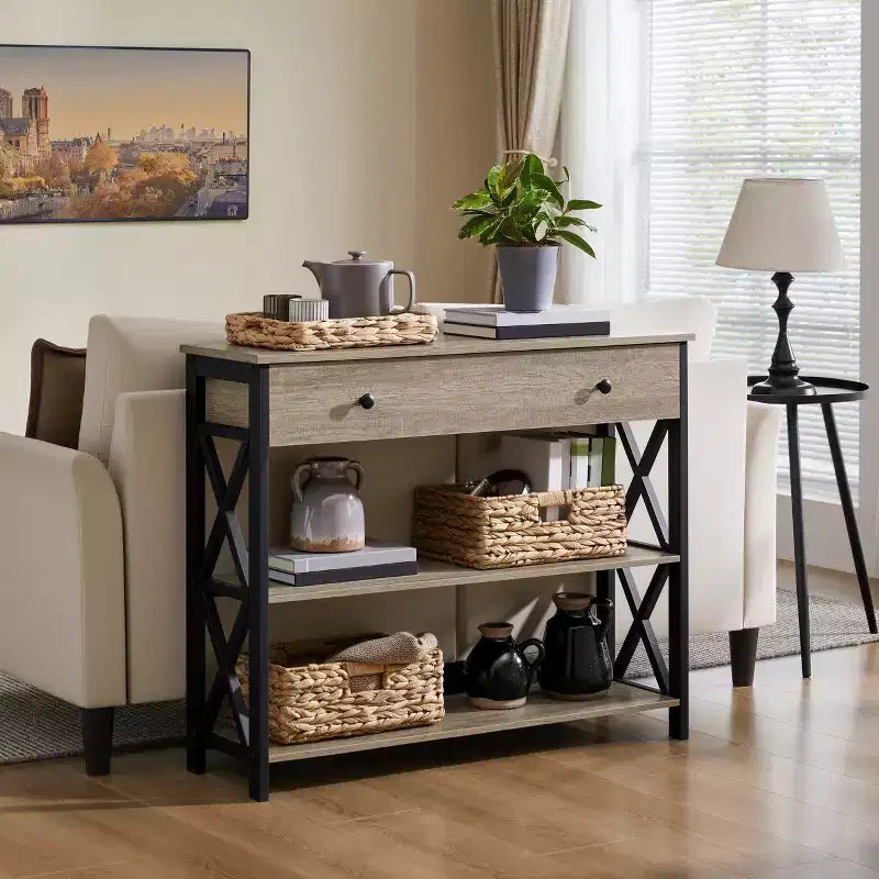 Tavolo Consolle Industriale in Legno Grigio / Rovere Chiaro / Marrone Rustico / Tortora con Cassetto e 2 Ripiani, Montaggio da 1 Persona