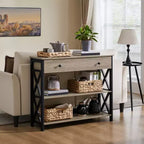 Tavolo Consolle Industriale in Legno Grigio / Rovere Chiaro / Marrone Rustico / Tortora con Cassetto e 2 Ripiani, Montaggio da 1 Persona