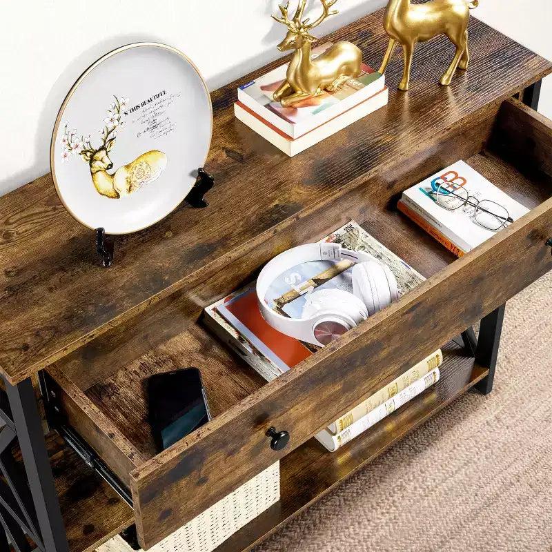 Tavolo Consolle Industriale in Legno Grigio / Rovere Chiaro / Marrone Rustico / Tortora con Cassetto e 2 Ripiani, Montaggio da 1 Persona