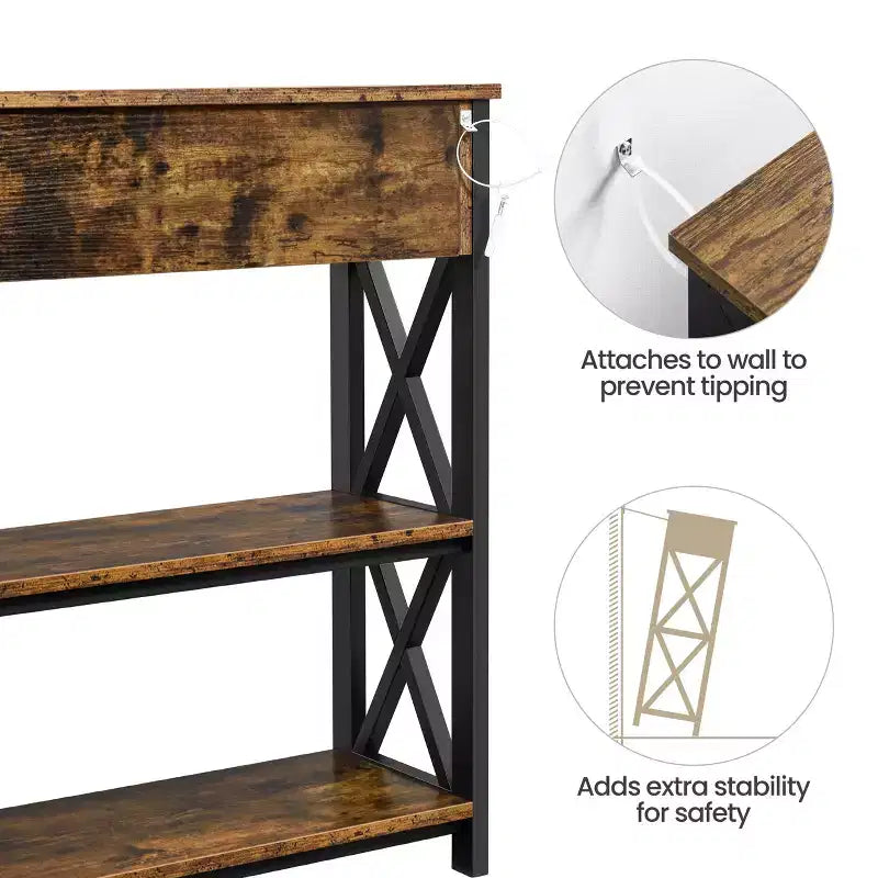Tavolo Consolle Industriale in Legno Grigio / Rovere Chiaro / Marrone Rustico / Tortora con Cassetto e 2 Ripiani, Montaggio da 1 Persona