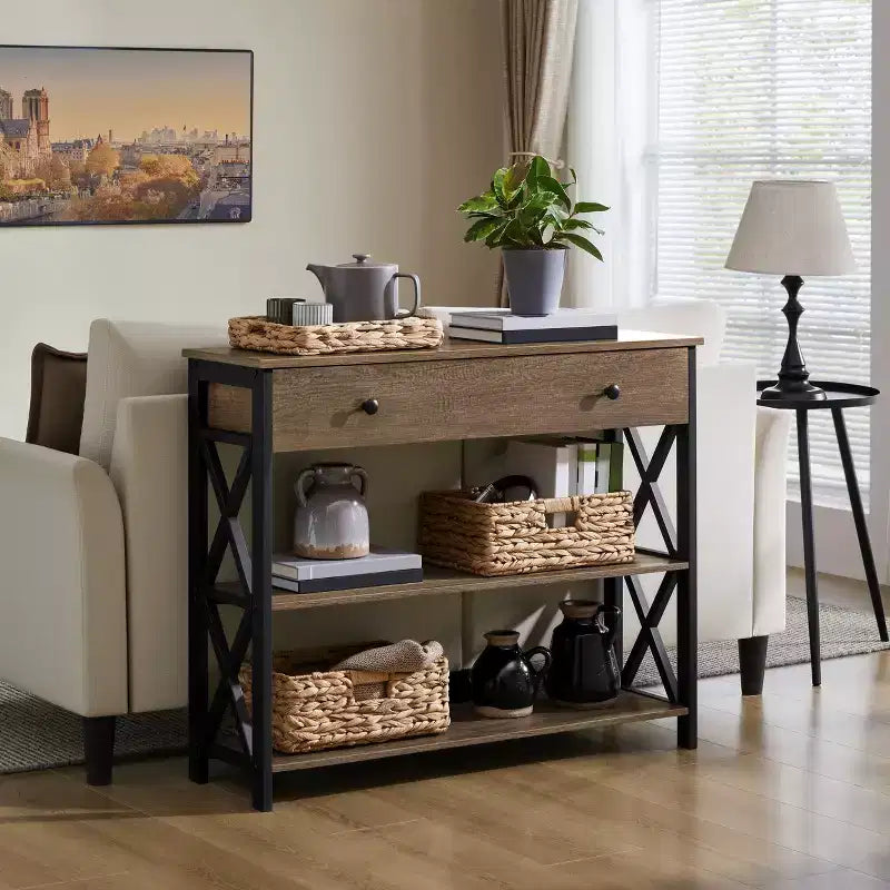 Tavolo Consolle Industriale in Legno Grigio / Rovere Chiaro / Marrone Rustico / Tortora con Cassetto e 2 Ripiani, Montaggio da 1 Persona