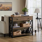 Tavolo Consolle Industriale in Legno Grigio / Rovere Chiaro / Marrone Rustico / Tortora con Cassetto e 2 Ripiani, Montaggio da 1 Persona