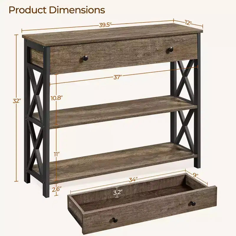 Tavolo Consolle Industriale in Legno Grigio / Rovere Chiaro / Marrone Rustico / Tortora con Cassetto e 2 Ripiani, Montaggio da 1 Persona
