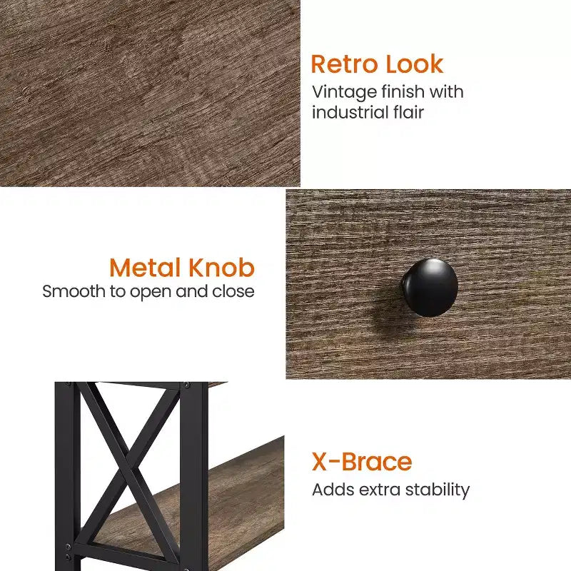 Tavolo Consolle Industriale in Legno Grigio / Rovere Chiaro / Marrone Rustico / Tortora con Cassetto e 2 Ripiani, Montaggio da 1 Persona