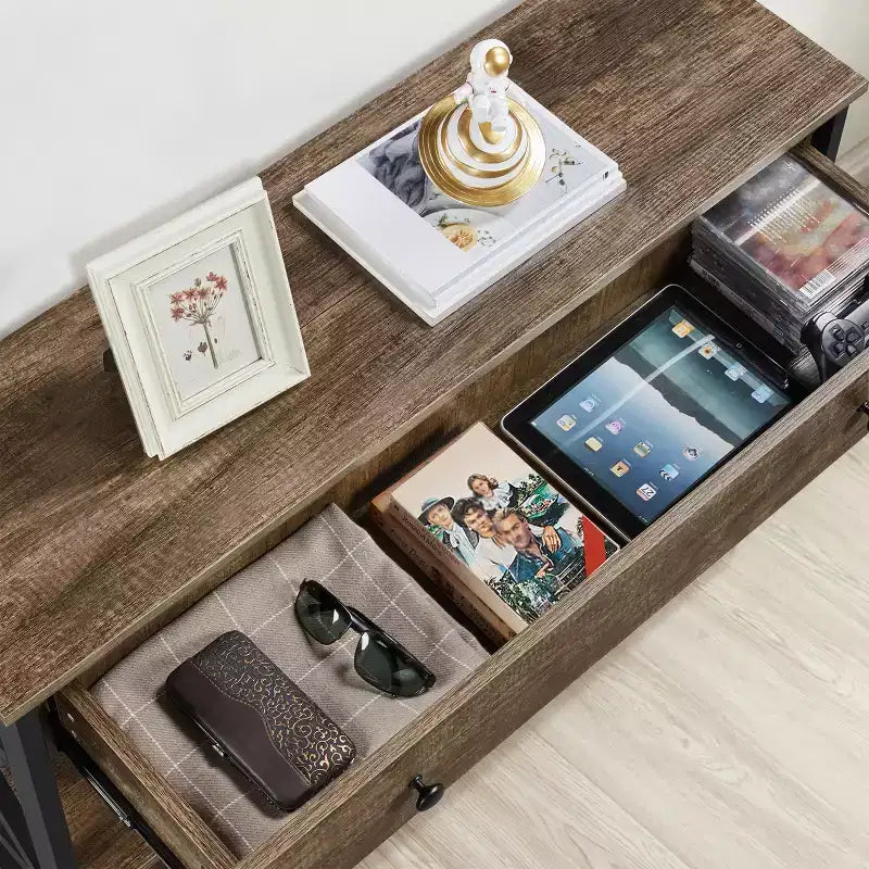 Tavolo Consolle Industriale in Legno Grigio / Rovere Chiaro / Marrone Rustico / Tortora con Cassetto e 2 Ripiani, Montaggio da 1 Persona