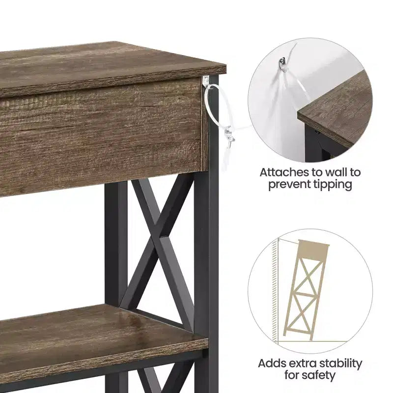 Tavolo Consolle Industriale in Legno Grigio / Rovere Chiaro / Marrone Rustico / Tortora con Cassetto e 2 Ripiani, Montaggio da 1 Persona