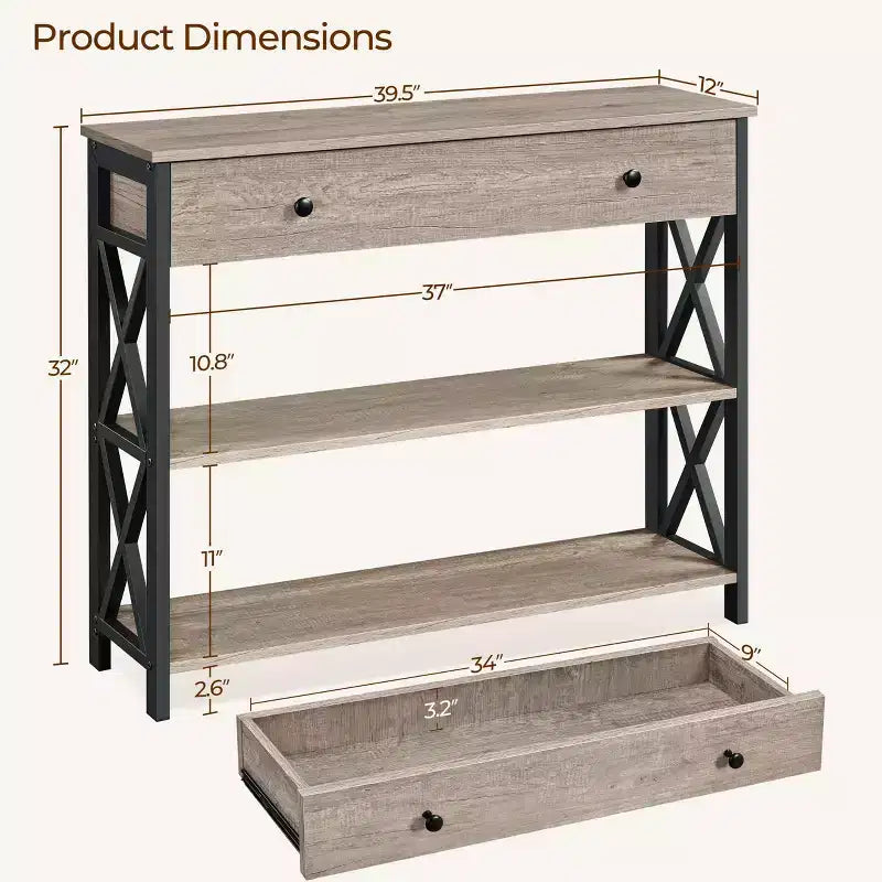 Tavolo Consolle Industriale in Legno Grigio / Rovere Chiaro / Marrone Rustico / Tortora con Cassetto e 2 Ripiani, Montaggio da 1 Persona