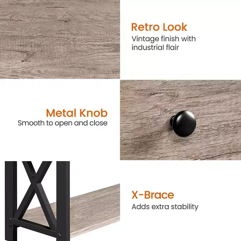 Tavolo Consolle Industriale in Legno Grigio / Rovere Chiaro / Marrone Rustico / Tortora con Cassetto e 2 Ripiani, Montaggio da 1 Persona