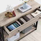 Tavolo Consolle Industriale in Legno Grigio / Rovere Chiaro / Marrone Rustico / Tortora con Cassetto e 2 Ripiani, Montaggio da 1 Persona
