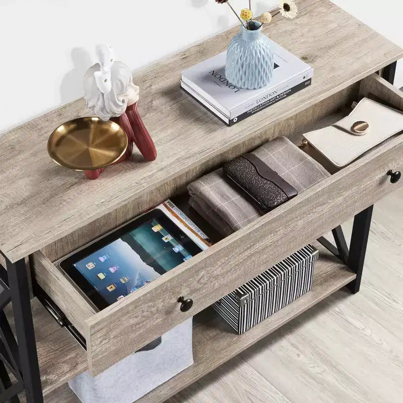 Tavolo Consolle Industriale in Legno Grigio / Rovere Chiaro / Marrone Rustico / Tortora con Cassetto e 2 Ripiani, Montaggio da 1 Persona