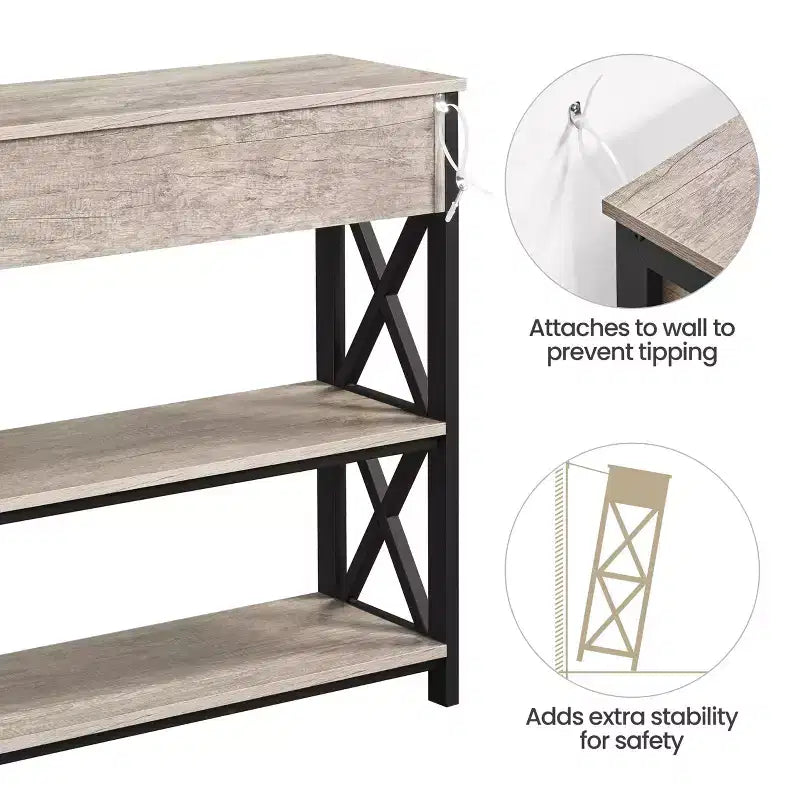 Tavolo Consolle Industriale in Legno Grigio / Rovere Chiaro / Marrone Rustico / Tortora con Cassetto e 2 Ripiani, Montaggio da 1 Persona