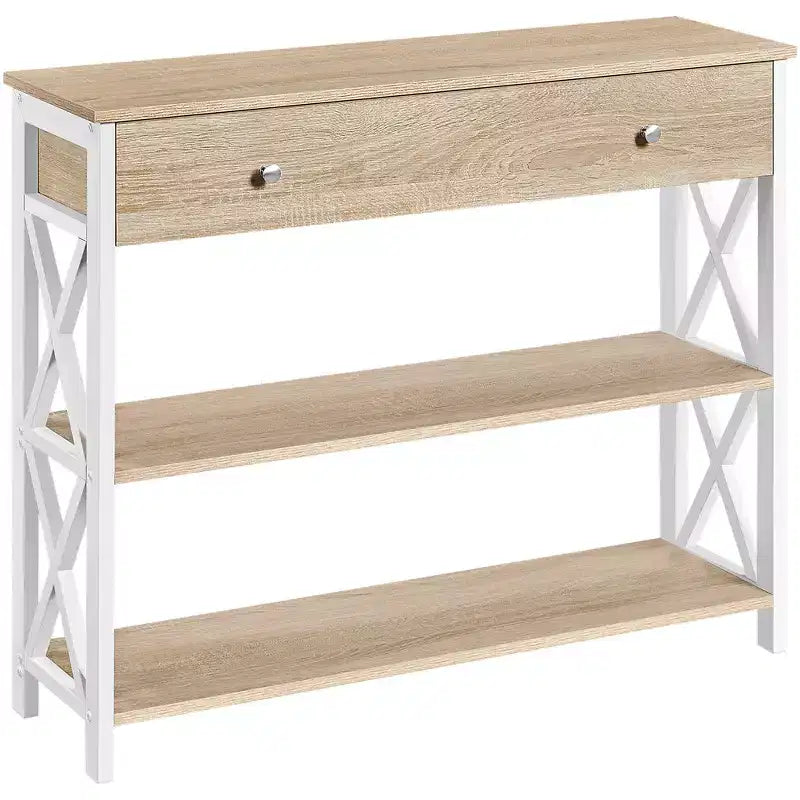 Tavolo Consolle Industriale in Legno Grigio / Rovere Chiaro / Marrone Rustico / Tortora con Cassetto e 2 Ripiani, Montaggio da 1 Persona