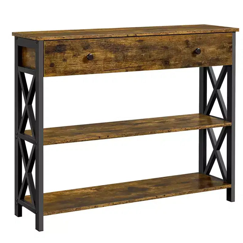 Tavolo Consolle Industriale in Legno Grigio / Rovere Chiaro / Marrone Rustico / Tortora con Cassetto e 2 Ripiani, Montaggio da 1 Persona
