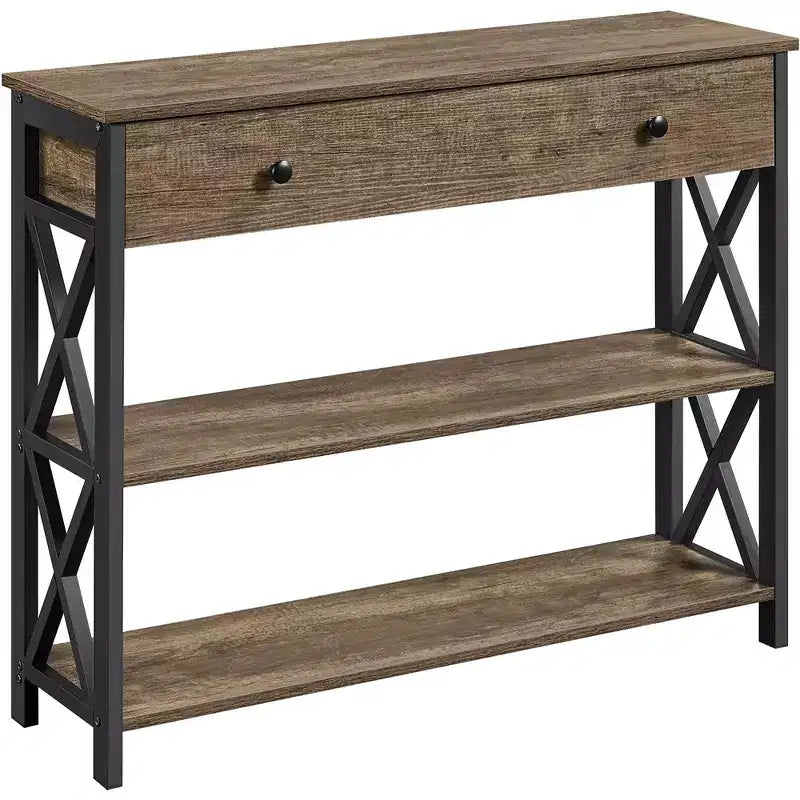 Tavolo Consolle Industriale in Legno Grigio / Rovere Chiaro / Marrone Rustico / Tortora con Cassetto e 2 Ripiani, Montaggio da 1 Persona