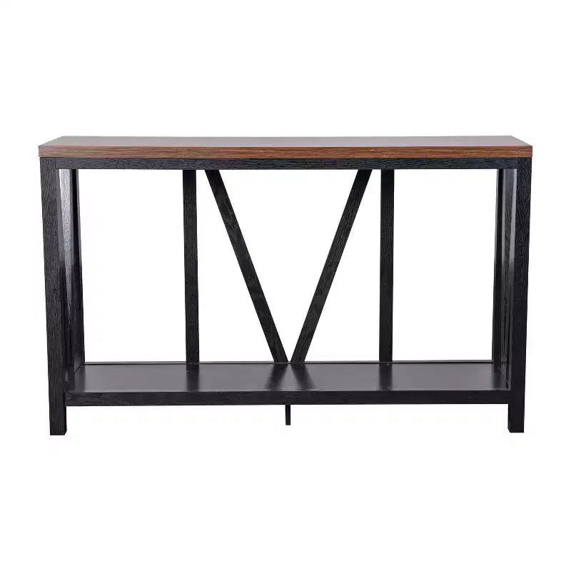 Consolle da ingresso a 2 ripiani in stile rustico, colore nero/noce, montaggio da 1 persona