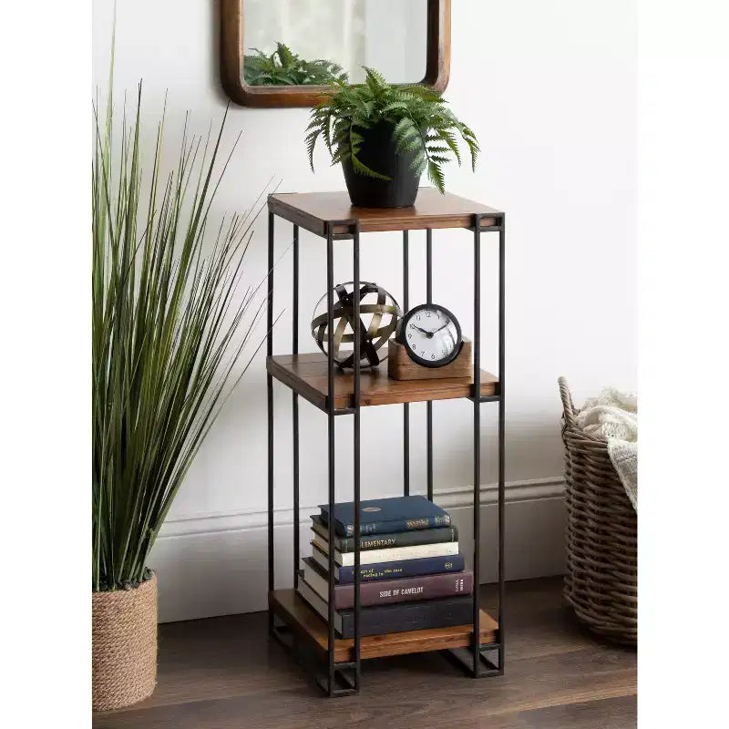 Tavolino Quadrato Marrone a 3 Livelli in Legno e Metallo, 12x12x30, 1 Persona