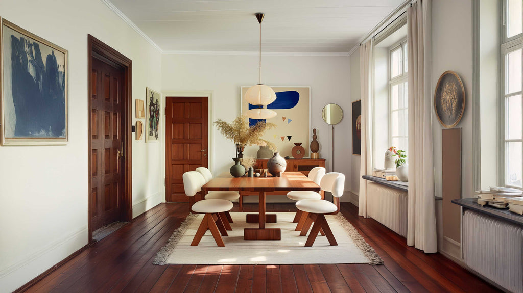 Set da pranzo in impiallacciatura di legno naturale, stile rustico moderno, 4-6 posti a sedere